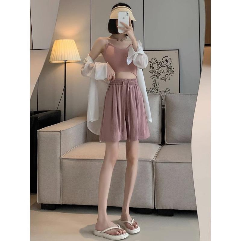 Muscle Sense Shorts, Women's Summer Thin Elastic Waist Loose Straight Pleated Cool Pants, Thin Wide Leg Five Pants