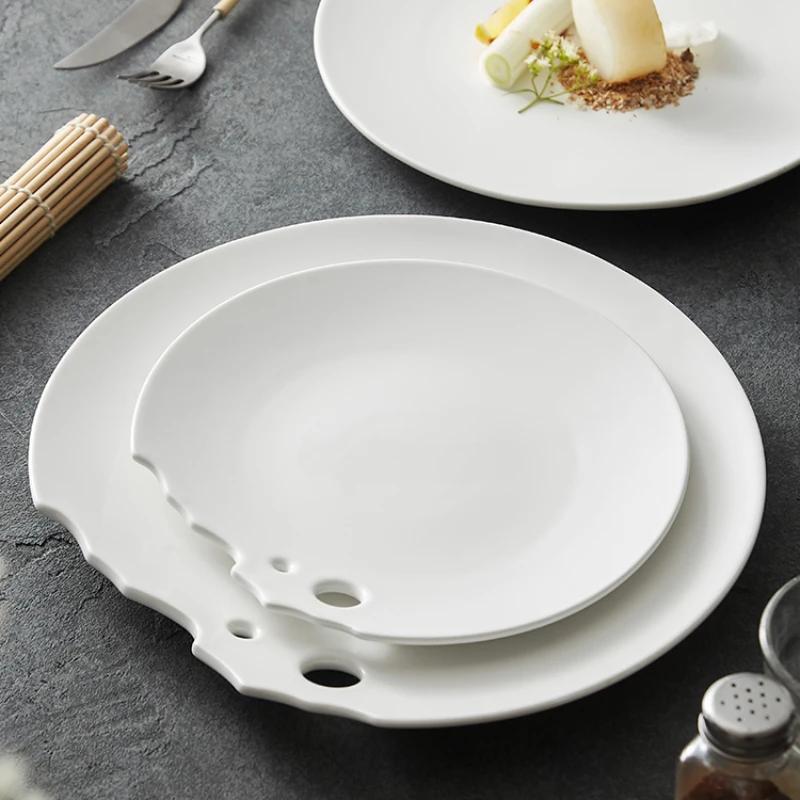 Western Food Steak Plate Restaurant Ceramic Tableware Creative Hotel Cold Dish Pan White Artistic Conception Shallowdish