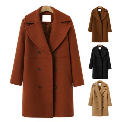 Women Woolen Jacket Turn-down Collar Solid Color Double-breasted Plus Size Coat Loose Thermal Long Sleeved Commuting Dating Overcoat