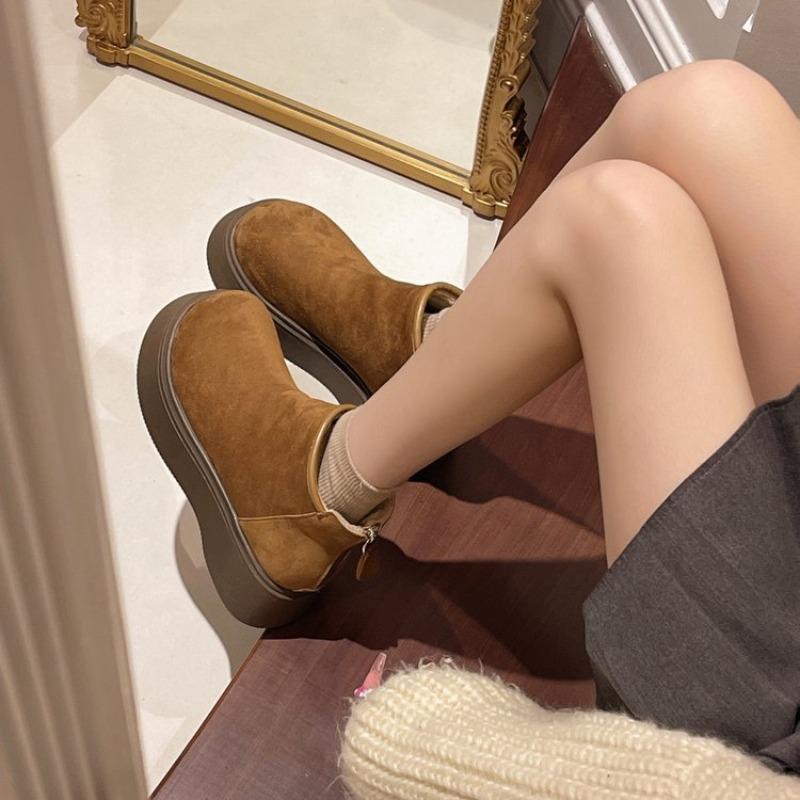 Vintage Chunky Fur Lining Women Snow Boots Comfort Platform Flats Warm Cotton Short Booties Winter Women's Plush Shoes