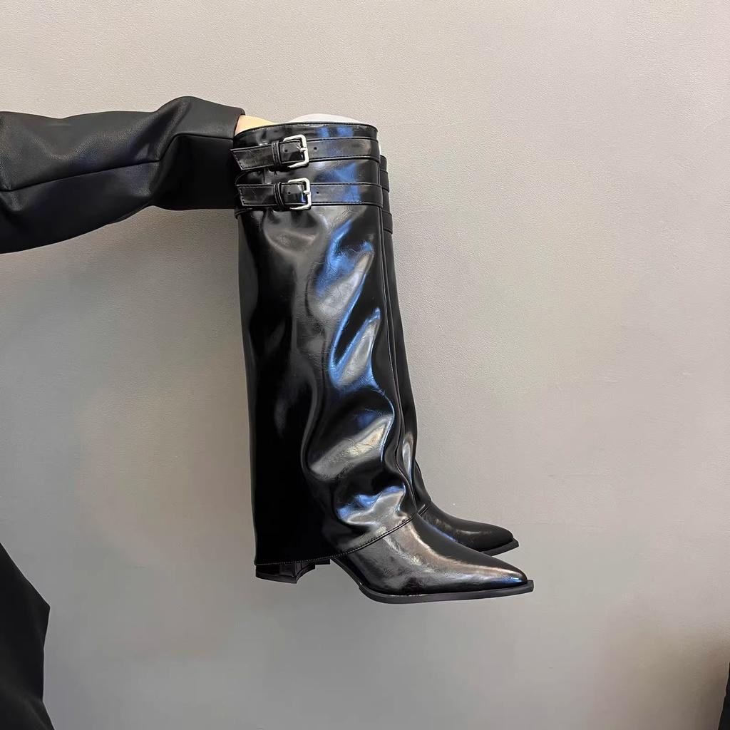 Mode Neuer Stil Damenmode Spitzzehe Schnallenriemen Damen Kniehohe Stiefel Streetstyle Dünne Niedrige Absätze Party Winter Damenschuhe