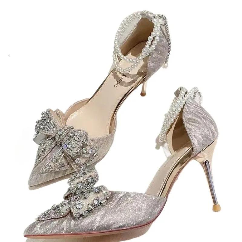 Women's Shoes 2024 String Bead Buckle Strap Women's High Heels Pointed Toe Party Pumps Women Crystal Bow Tie Thin Heels Sandal