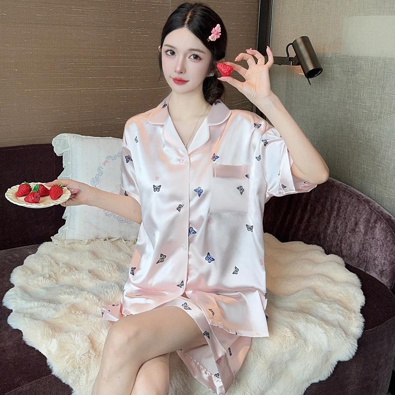 Pink Pajamas Butterfly Element Printing Cool Ice Silk Loungewear Can Be Worn Outside Simple Wind Two-Piece Set