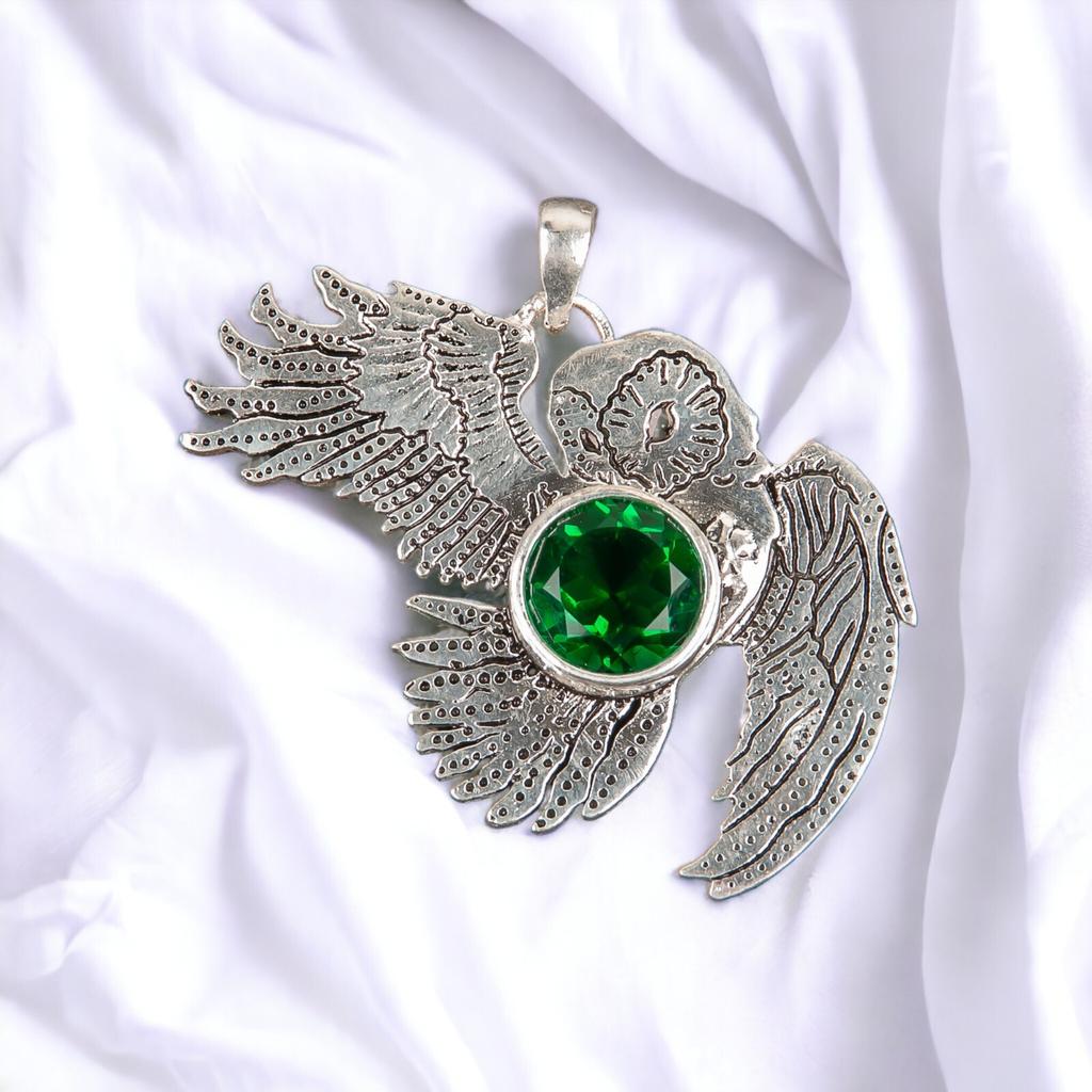 925 Sterling Silver Multi Gemstone Owl Designer Good Luck Jewelry Pendant 1.3" CP-16
