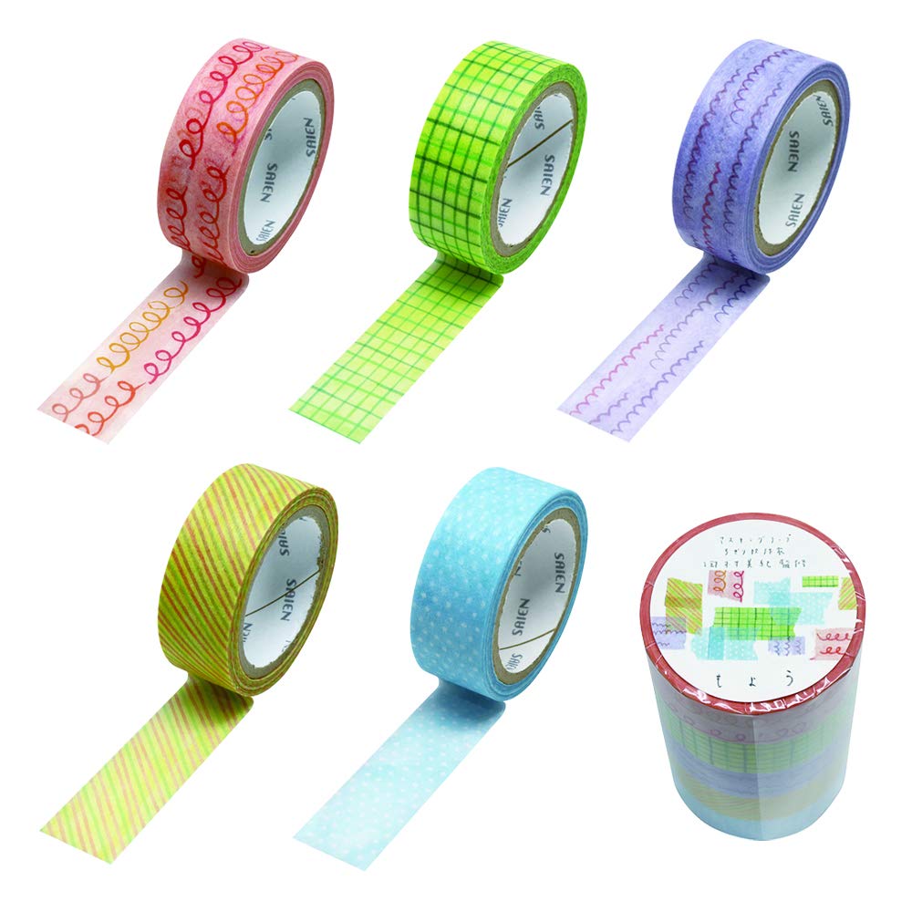 Kamiiso masking tape with by Miki set of 5 15cm wide x 7m roll Sangyo's Japanese-made "Saien" "Tear-off Art" Tamura, rolls,