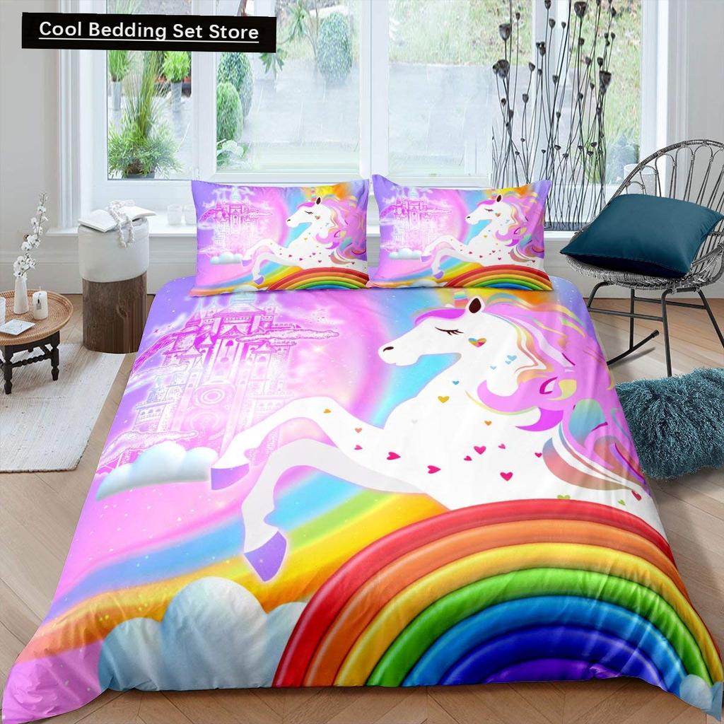 Kids Unicorn Stars King Queen Duvet Cover Cartoon Magic Animal Bedding Set Rainbow Shiny Quilt Cover Polyester Comforter Cover