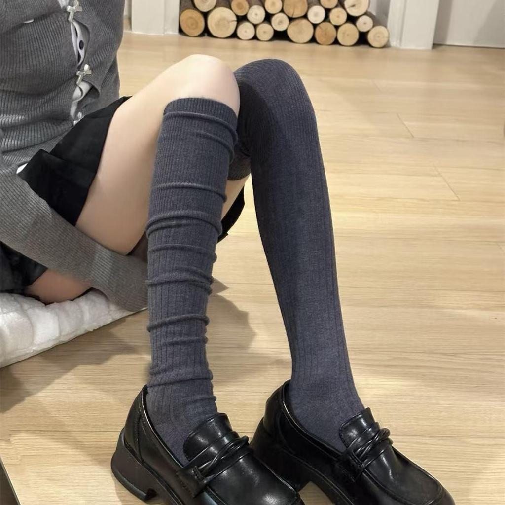 Zhuji Women's Over-the-Knee Japanese Style Scrunched Socks – Miu Series Double-Needle Calf Socks