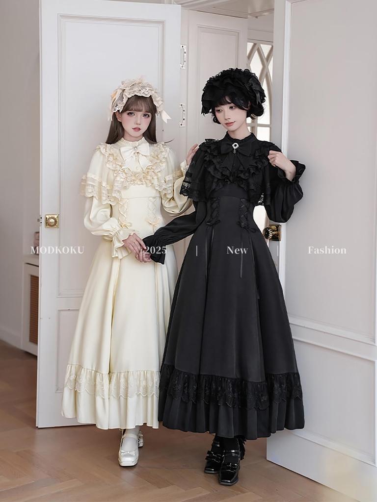 MODKOKU Gothic Lolita Neat and Ribbon Waist Ruffled Long Girly Halloween Long Size XL Cape-Style Dress, Women's, Style, Clean, Lace, Lace-Up Dress,