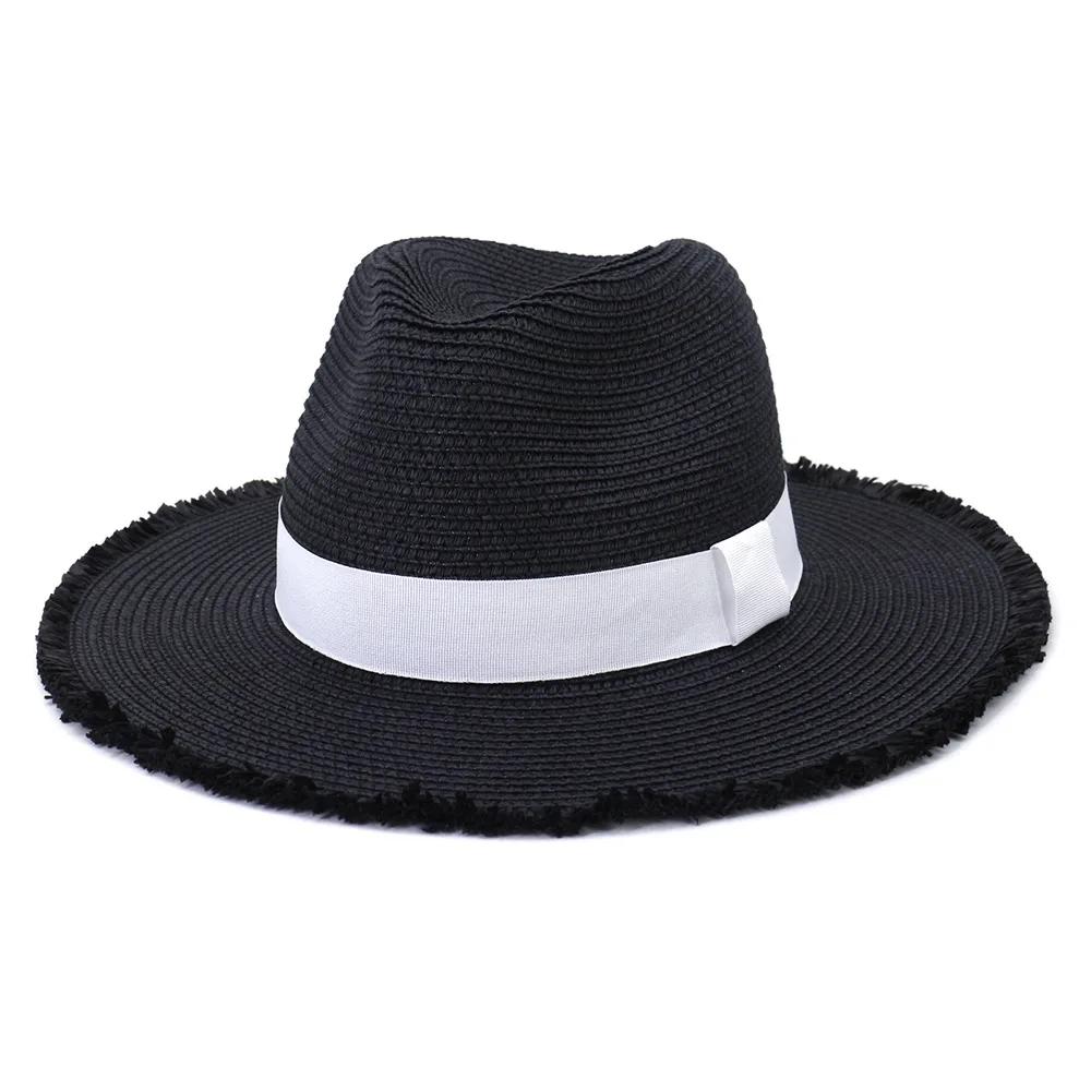 

New Black Panama Hat Men Women Summer Beach Wide Brim Straw Sombrero Rough Brimmed Jazz Straw Hat Sombrero Vintage Trilby Adjustable чорний