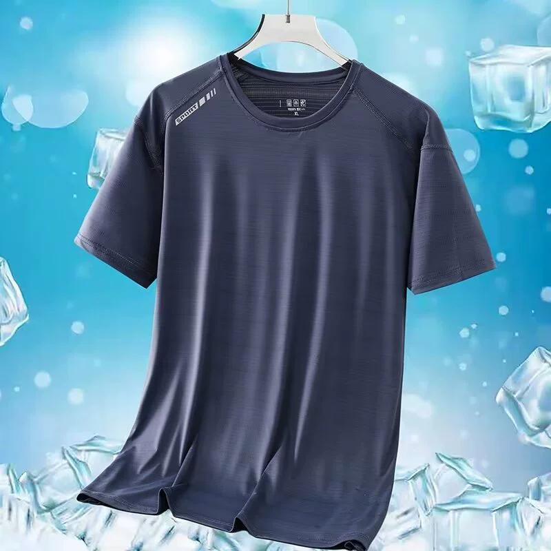 Camiseta masculina de verão com gola redonda, plus size, seda gelada, esportes ao ar livre e lazer, secagem rápida, manga curta, cor sólida