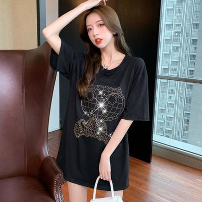Heavy Industry Diamond Inlay Cartoon T-shirt Womens Short Sleeve Summer Latest Style Stylishable and Versatile Half-sleeved Tie Blouse