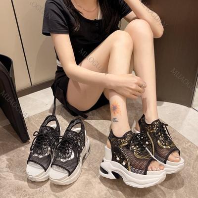 Sandali Estivi 2025 con Zeppa Spessa per Donna Casual Taglia Grande Spiaggia Traforati Tacchi Alti Stile Sportivo Zeppe Sandales Femmes