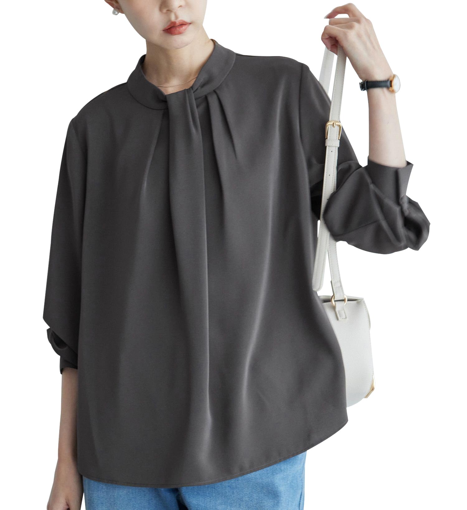 

ROPE PICNIC Recycled Polyester Front Tuck Blouse in 2 Matching Charcoal Women s (Available Sizes) - Outfits, (06)