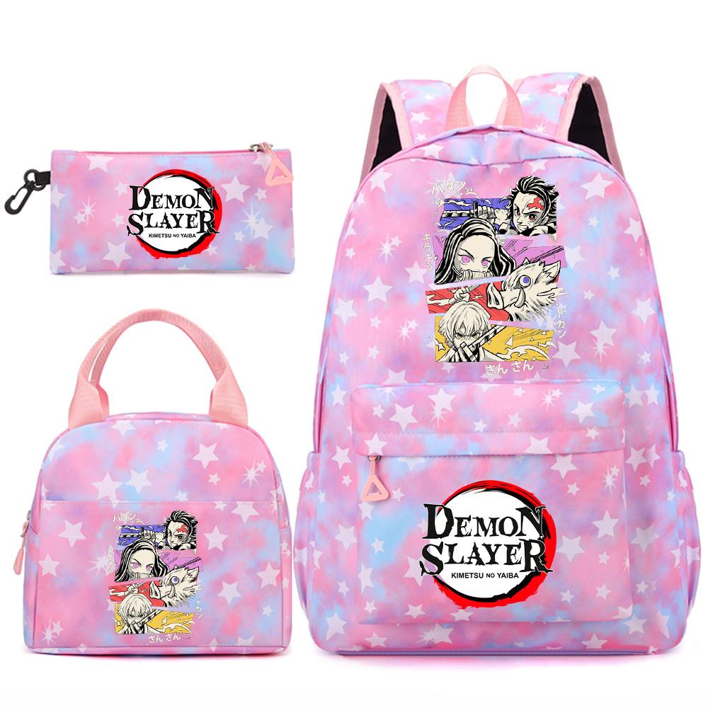 3 st/set Tecknad Demon Slayer Tryckt Ryggsäck Handväska Pennskrin för Tonåring Student Flicka Pojke Skolväska Stor Kapacitet Vattentät Resväska Gåva