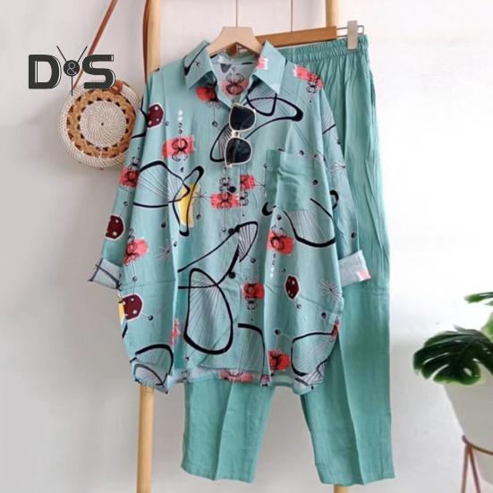 2 ks/sada Košile Kalhoty Sada Colorblock Jednořadá klopa Dlouhý rukáv Volný Pružný pas Široká noha Měkké Ležérní Dámská halenka Sada kalhot