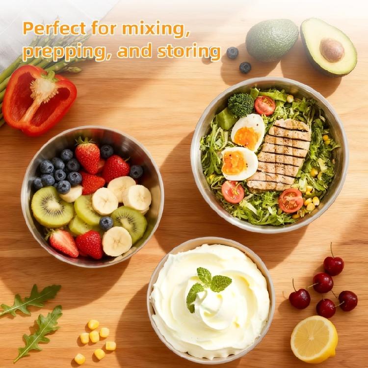 Modern Stainless Steel Mixing Bowl Set Space Saving Stackable Transparent Cover Food Storage Container