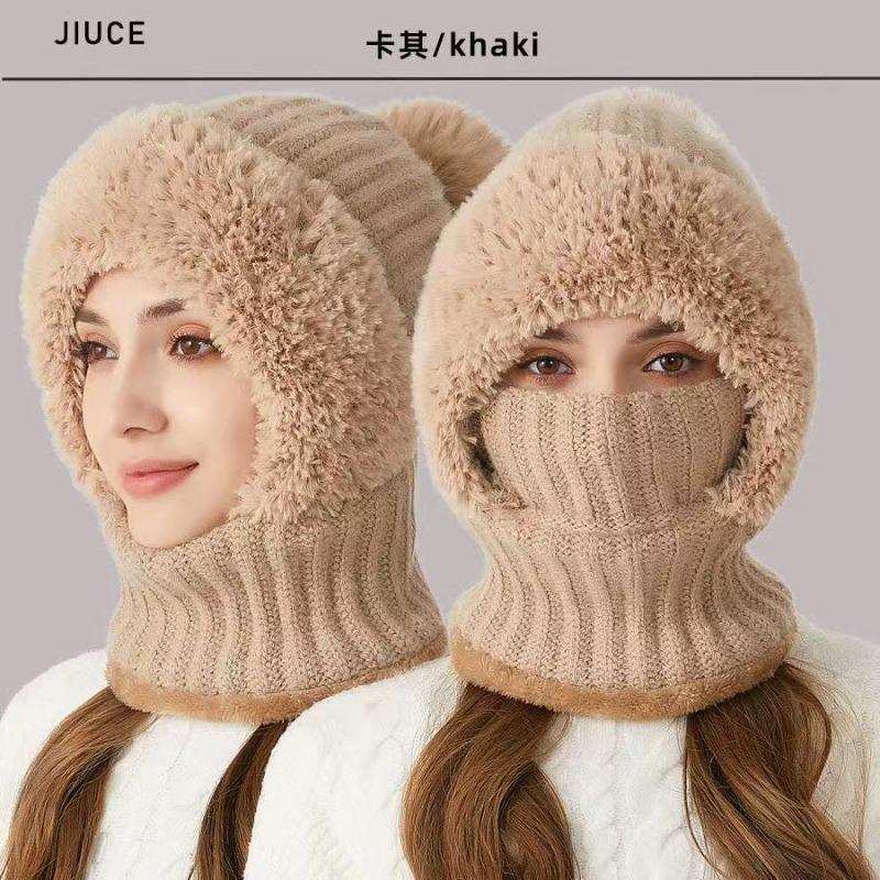 Knitted hat scarf mask integrated hat women's winter cycling windproof plush warm wool hat