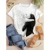 Large Size Women's Digital Printed Short Sleeved Shirt Black and White Top