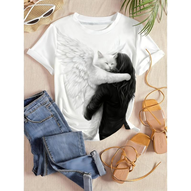 Large Size Women's Digital Printed Short Sleeved Shirt Black and White Top