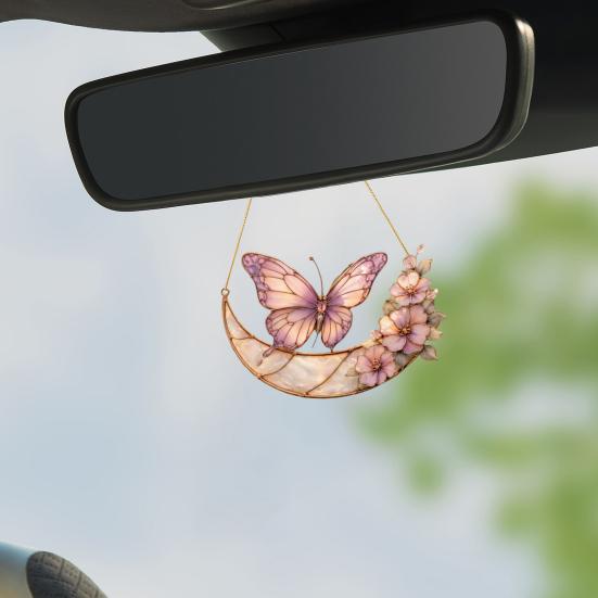 Moon Butterfly Flowers Acrylic Suncatcher Stained Glass Style Pink Window Hanging Decoration for Indoor Outdoor Garden Home Decor