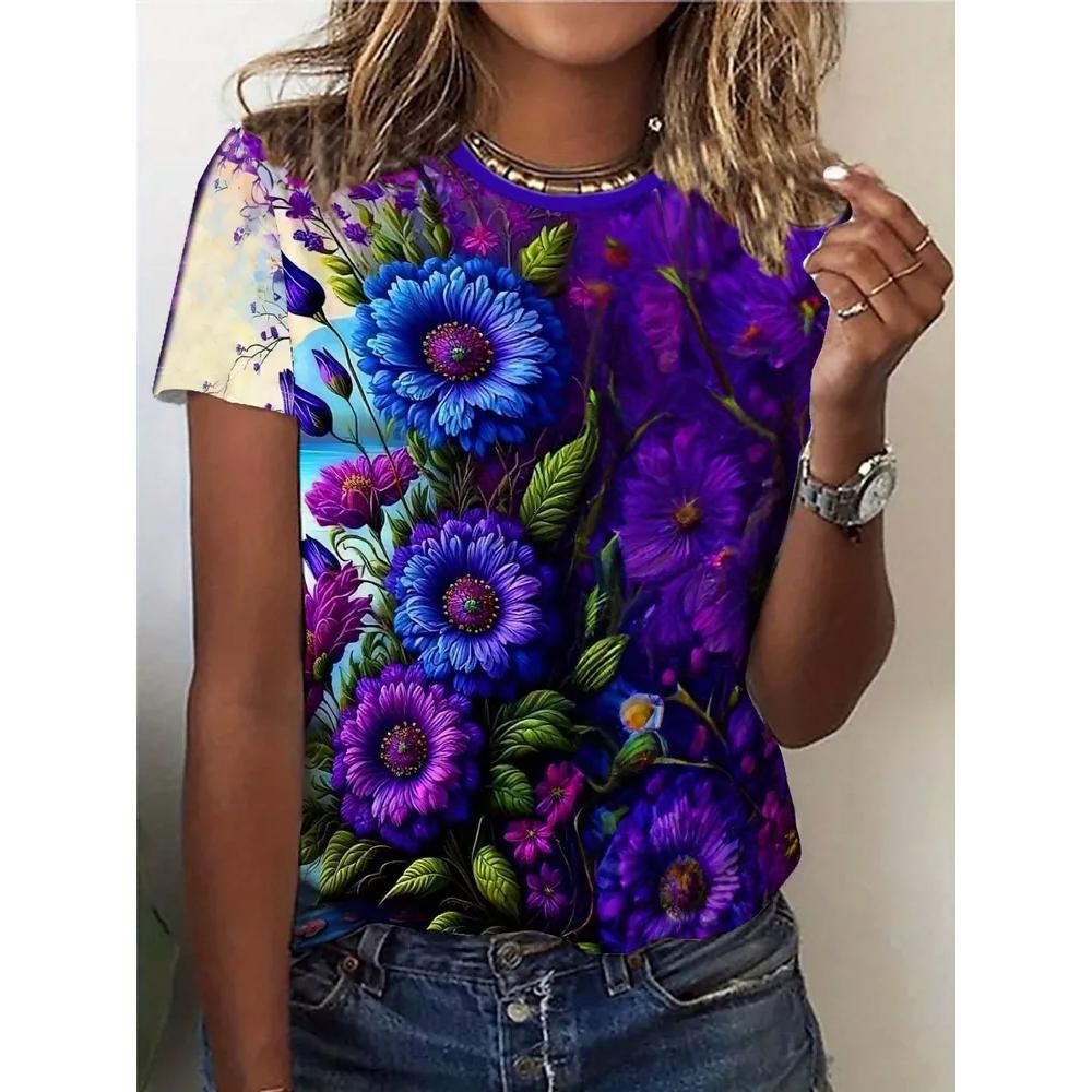 Daily Comfort Versatile Flower Print Women's Top Short Sleeve Fashion Loose T-Shirts Women’s