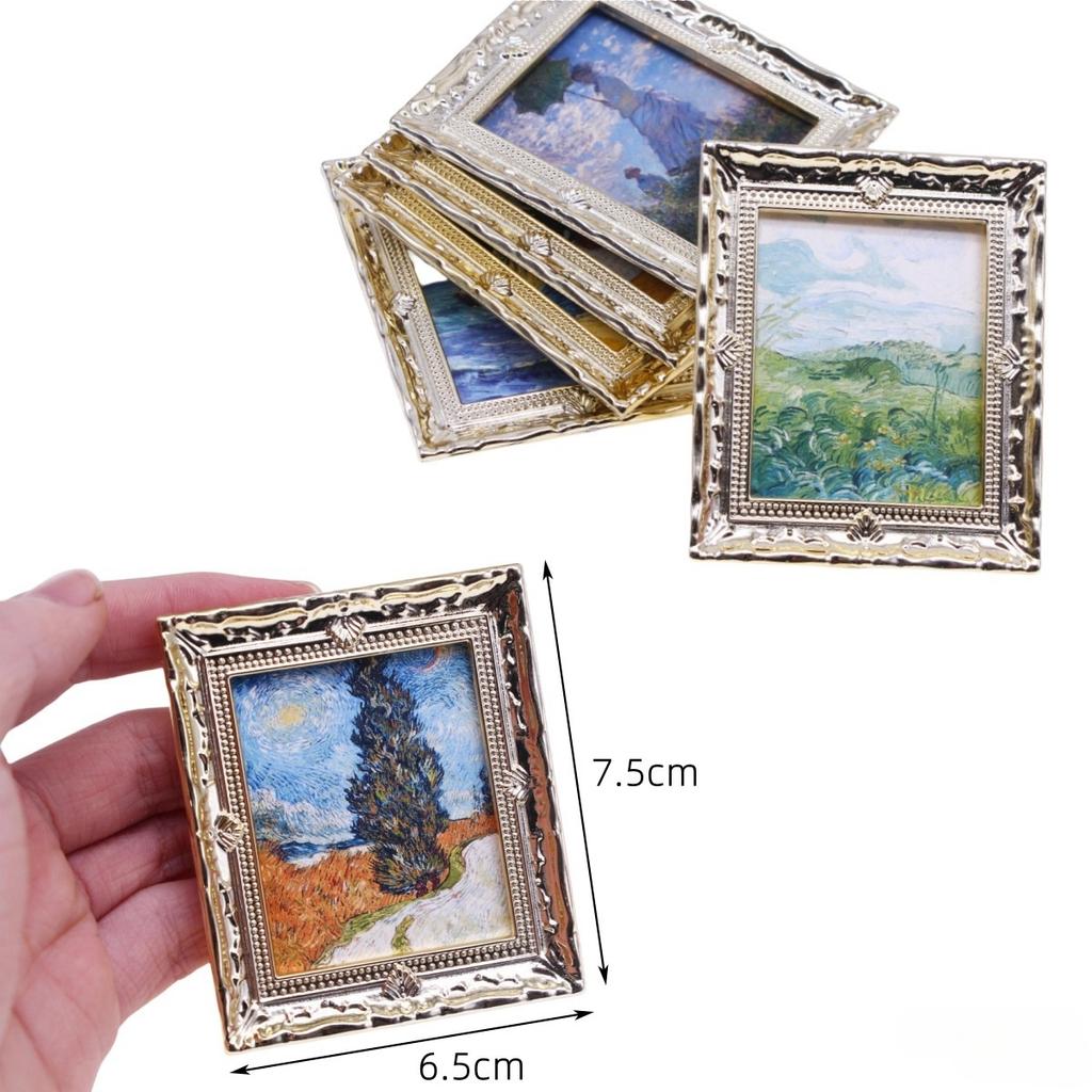 Vintage 1:12 Miniature Framed Pos Oil Painting Toys Doll Accessories Dollhouse Ornament Mural Wall Picture Miniaturas Casa