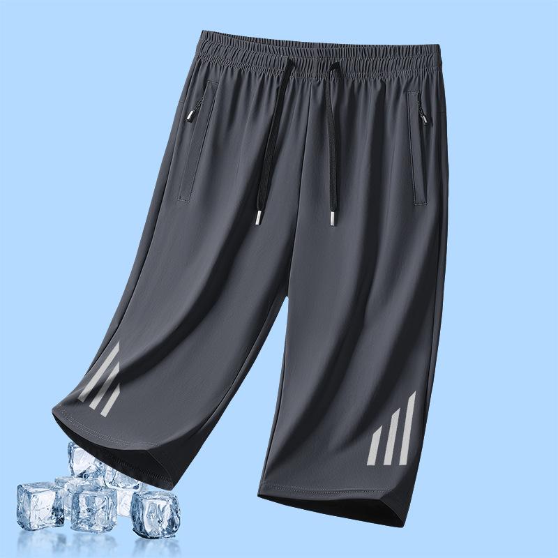 Ledově hedvábné 7palcové kalhoty pro muže na léto, tenké, volné, ležérní, s rovnými nohavicemi, pro mladé, prodyšné, rychleschnoucí šortky, pánské sportovní kalhoty