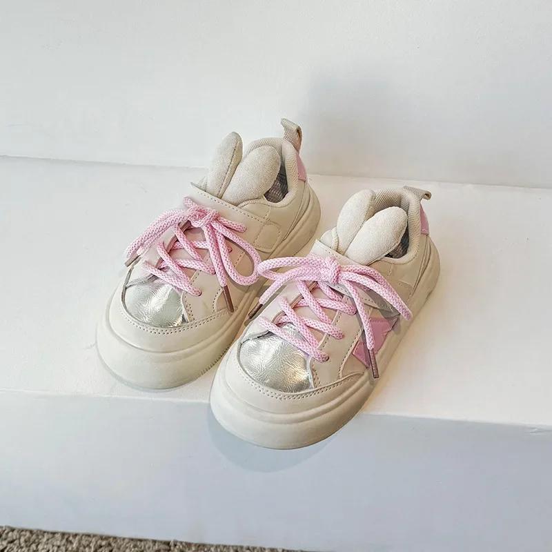 

Весенние новые модные детские кроссовки с милым маленьким кроликом, простые туфли для девочек, мягкая подошва, легкая, удобная, повседневная обувь, Tenis De Mujer 22insole14.2cm розовый