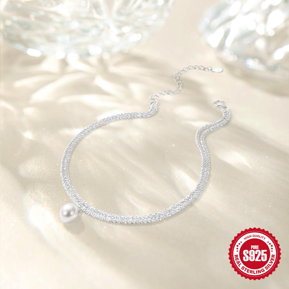 Fashion Summer S925 Sterling Silver Double Layer Adjustable Cauliflower Chain Pearl Pendant, Anklet