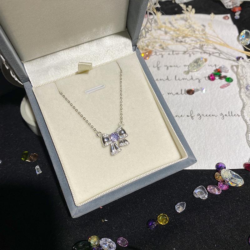 Clear Sky Pink Zircon Bow Necklace, S925 Sterling Silver, Micro-set Fine Chain, Everyday Wear.