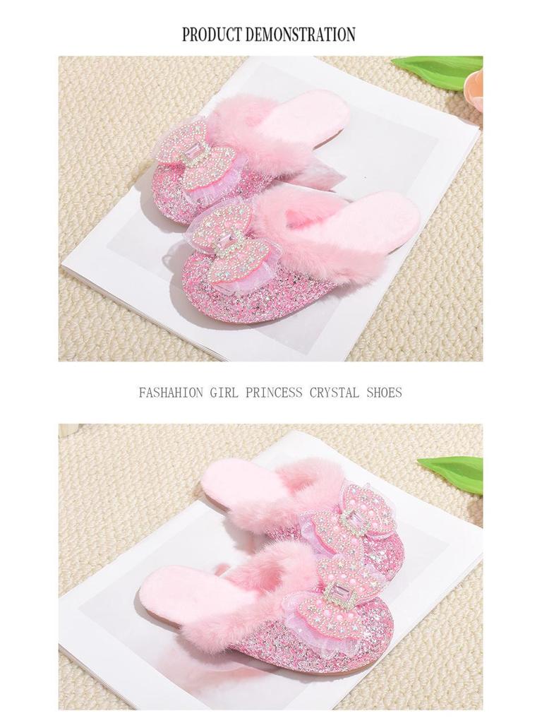 Girls' Bow-Knot Furry Cotton Slippers - Cozy Autumn & Winter Shoes for Girls and Babies.