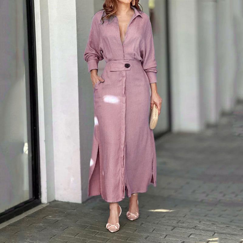 Spring Autumn Polo-neck Elegant Fashion Waist Dress Women Long Sleeve Solid Color Casual Robe Vestidos