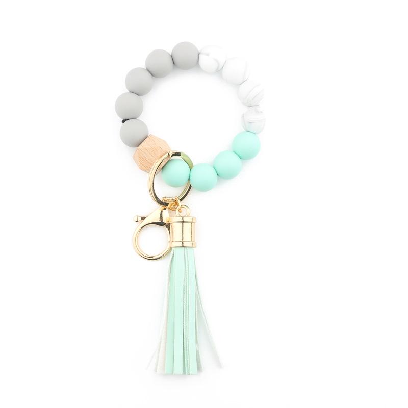 Silicone & Beech Wood Beaded Keychain Bracelet with Pendant