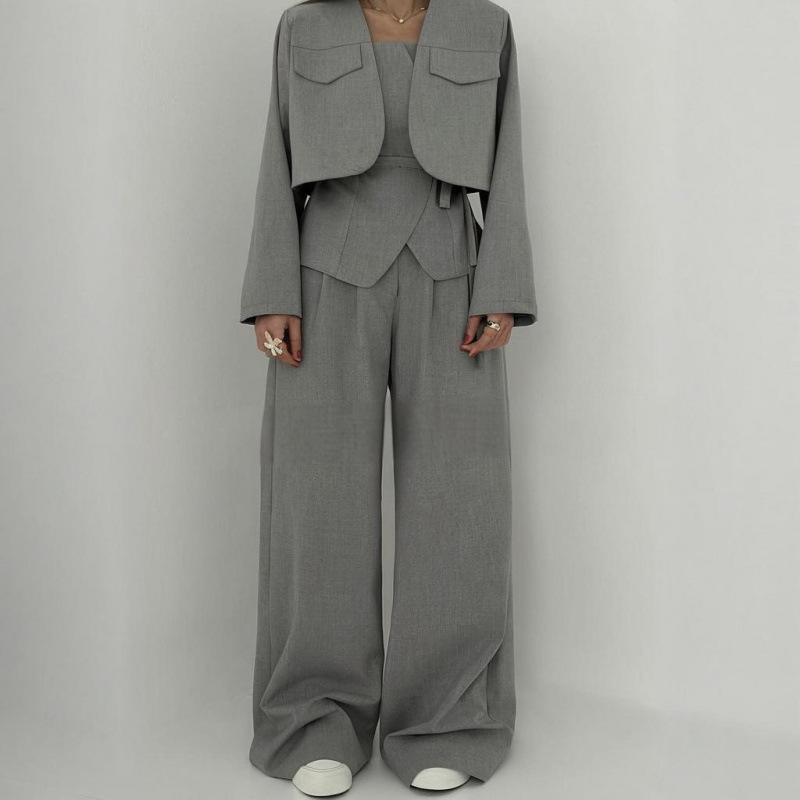 2025 Spring New Cross-border European and American Women's Suit Solid Color Wide-leg Pants Temperament Commuter Fashion Suit