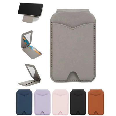 For Magsafe Card Holder Strong Magnetic Leather Wallet For iPhone 17 ProMax Samsung With Makeup Mirror Foldable Phone Stand Case