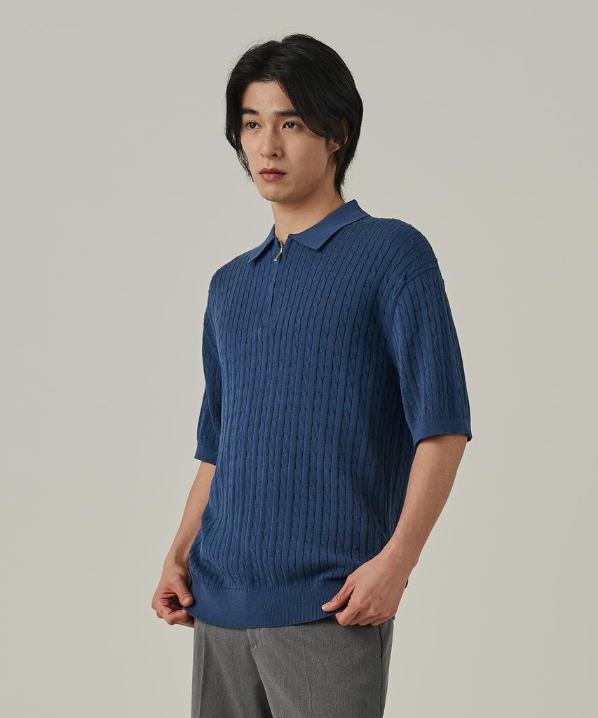 ANALOG MOOD Cable Half-Zip Collar Short-Sleeve Knit (Deep Blue)