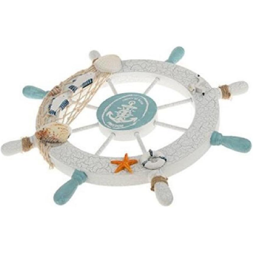 Nautical Ship Wheel Wall Decor, 18 In, White and Turquoise, Beach Theme with Seashells and Fish Net (11 Inch Crack Finishing)