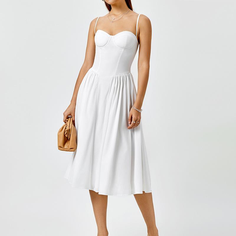 Four-sided elastic dress, European and American sexy backless pleated A word medium and long suspender dress