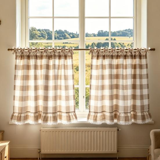 Küchenfenster Vorhänge Buffalo Check Schürze, Gerüschte Schürzen Gardine mit Spitzenbesatz und Schleifen, Polyester Baumwolle Lichtfilternd Stangentasche für Wohn