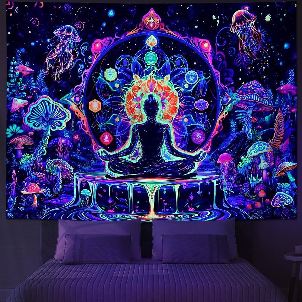 Yuiqear Blacklight Chakra Yoga Meditation Tapestry Mushroom Flower Wall Backdrop UV Reactive Mandala Tapestries Galaxy Space Jellyfish Tapestry Wall 59.1 L x 51.2 W
