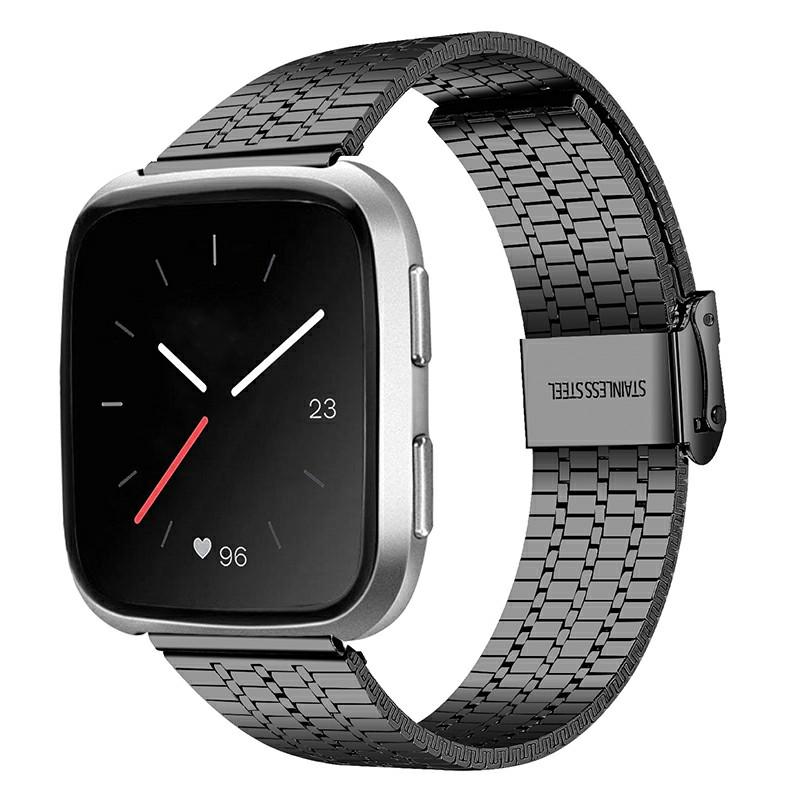 

Seven Beads Stainless Steel Replacement Watch Band Dual Buckle Design Wrist Strap for Fitbit Versa/Versa 2/Versa Lite Black