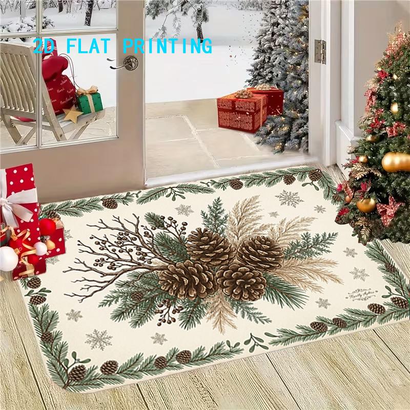 1pc 2D Flat Christmas Pine Cone and Pine Branch Entry Rug, Winter‑Style Decor Mat for Home, Entryway, Hallway, Bathroom