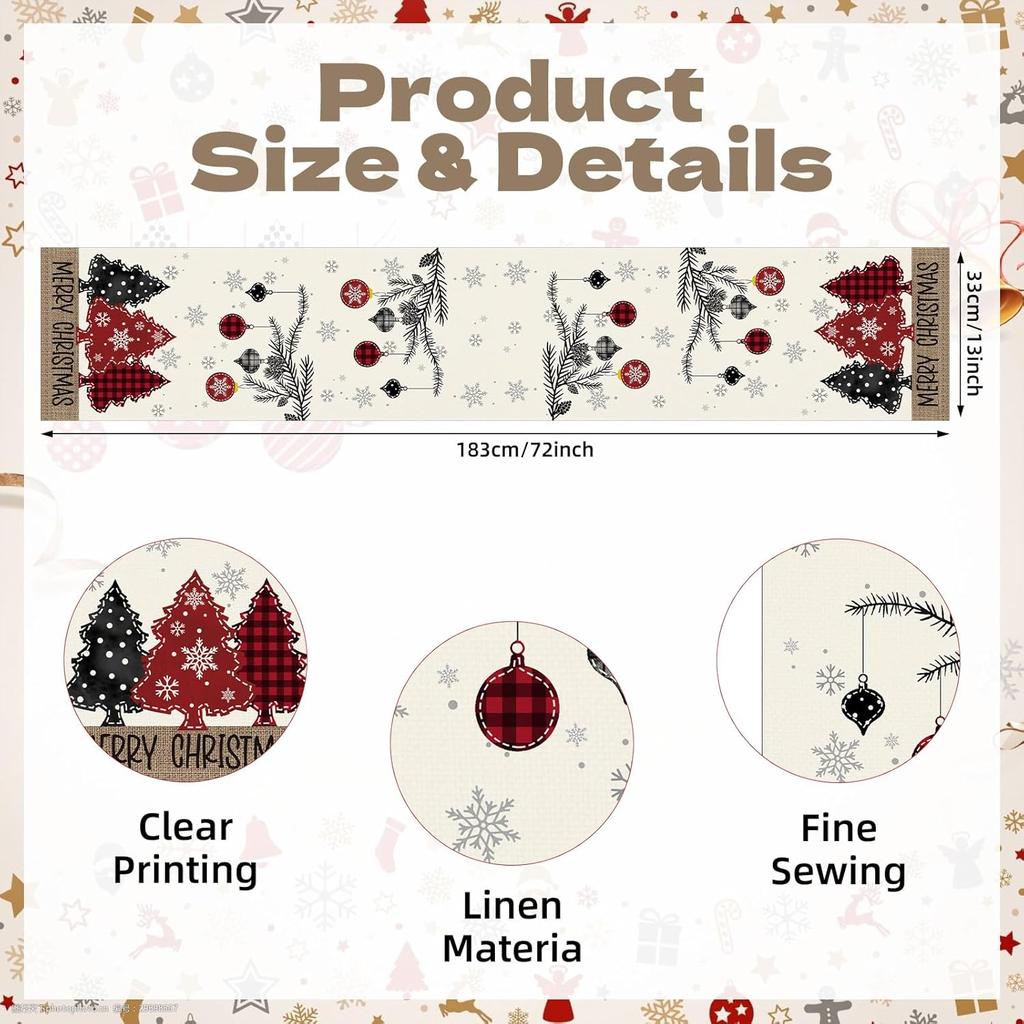 72 X 13 Inch Christmas Table Runner – Red and Black Plaid Christmas Tree and Ornament Holiday Table Decoration with Snowflakes for Dining Room,