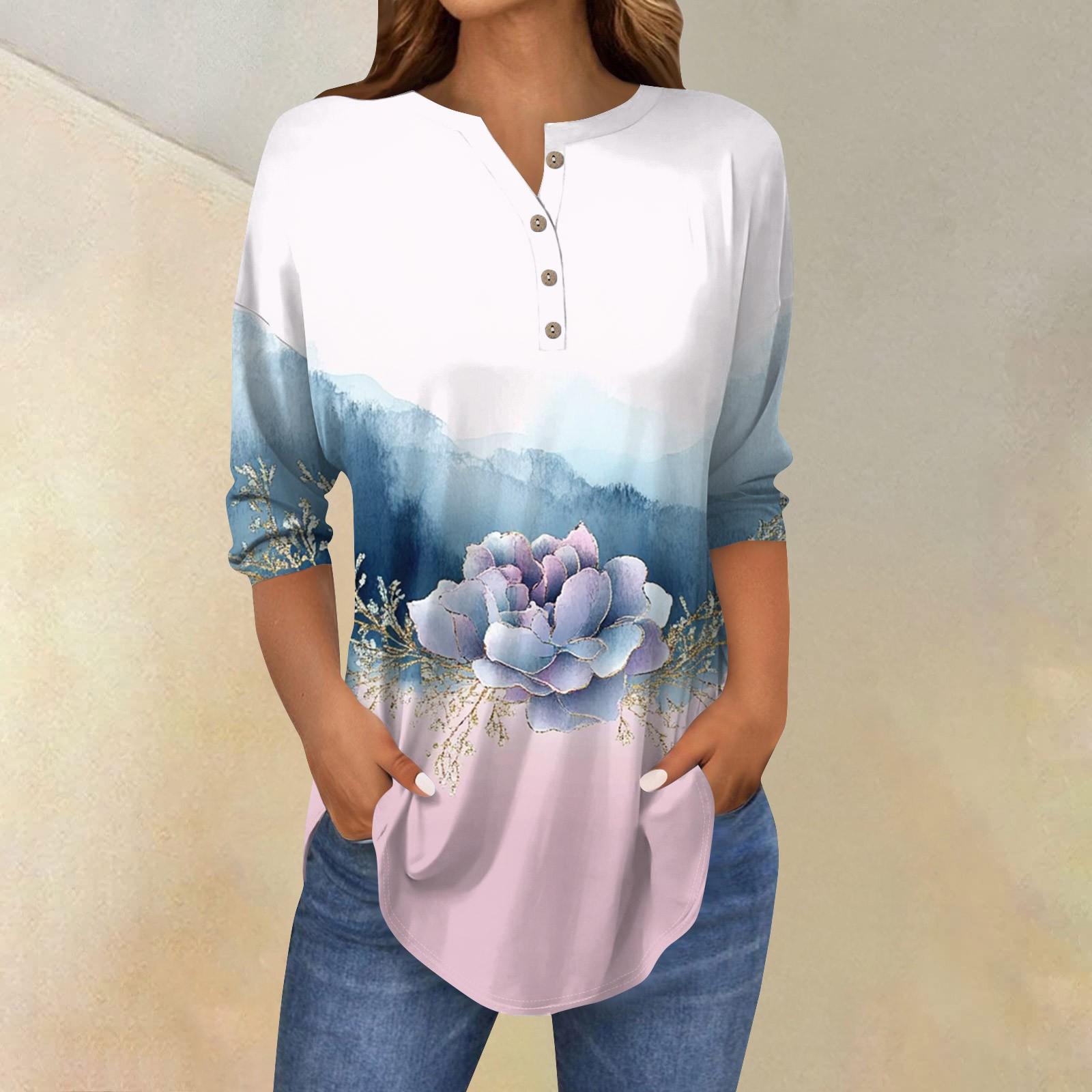 

Женская свободная футболка с воротником на пуговицах и винтажным цветочным принтом, рукав три четверти XL небесно-голубой
