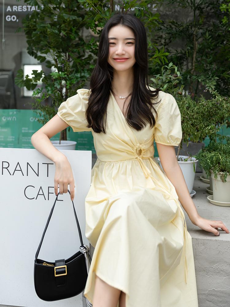 

Mishow Платье для женщин Лето Пыф рукава Корейский стиль Короткие рукава A-Line Специальный дизайн V-образный вырез Империя Рисование Струны Женская одежда MXB22L0725