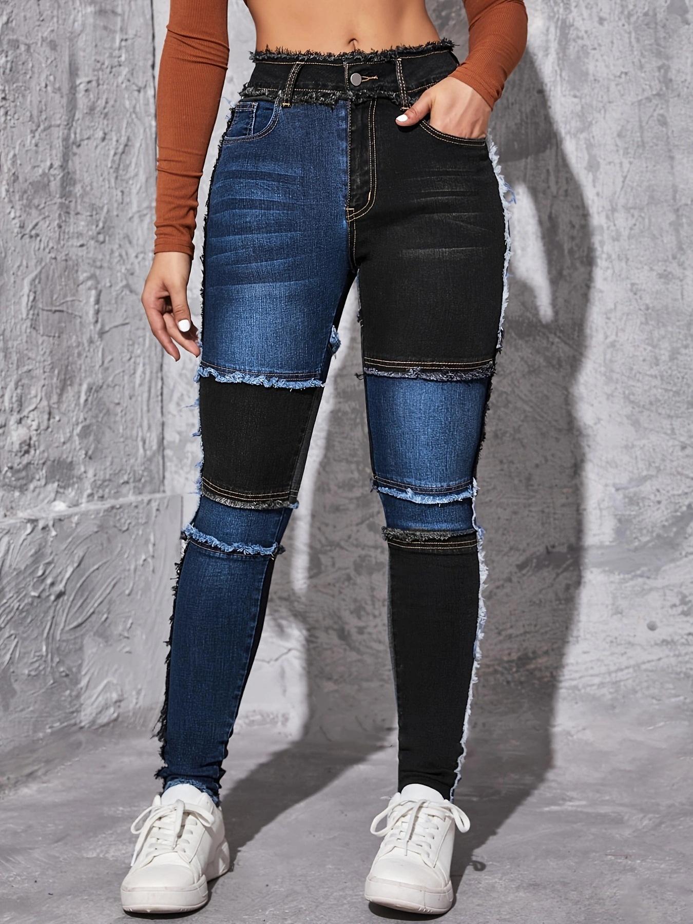 Women s Mid Rise Skinny Jeans Medium Stretch Two Tone Color Block Patchwork Raw Frayed Edge Full Length Casual Slim Denim Trousers XS