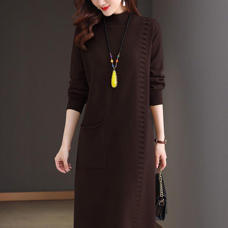 Knitted Dress Knee-length Women's Mid-length Loose Dress Plus-size Sweater Dress Solid-color Casual Half Turtleneck Pullover