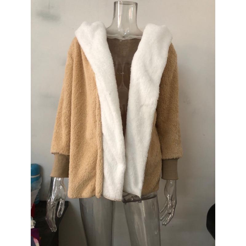New Women's Color Blocked Double-sided Velvet Hooded Loose Cardigan Jacket