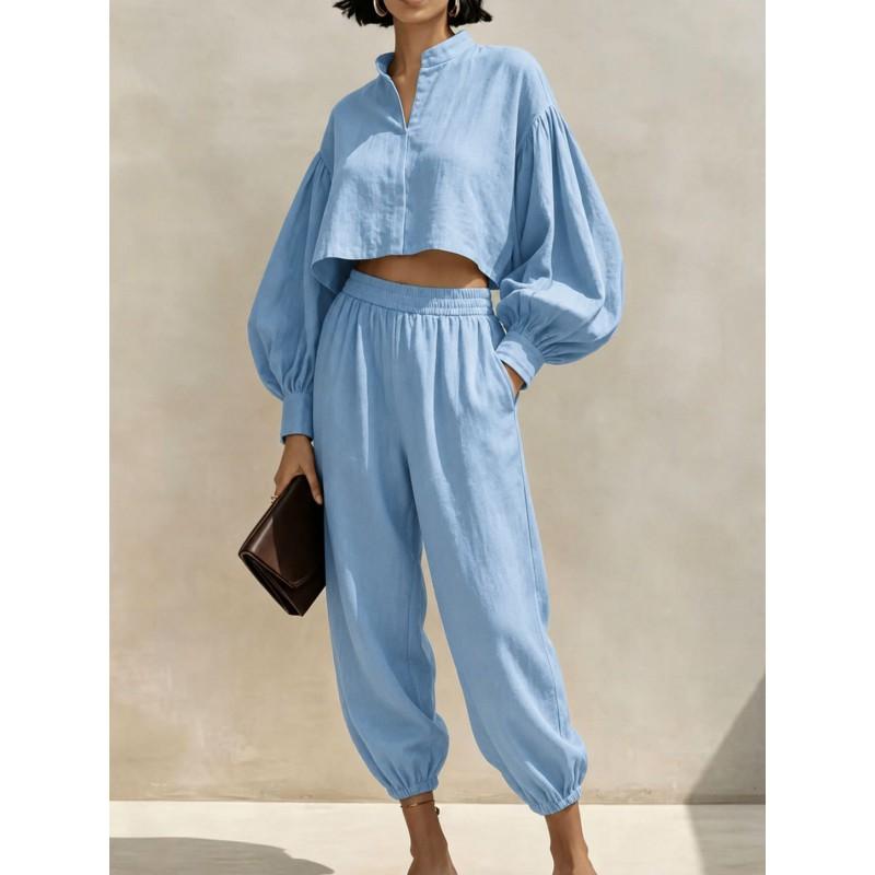 2026 Womens Relaxed Linen Cotton Short Top Elastic Waist Lantern Pants Set Casual Outfit