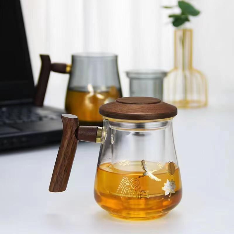 Hochborosilikatglas Hochtemperaturbeständig Glas Teetasse Tee-Wasser-Trennung Kann getrennt werden Dreiteilige Holztasse Büro Trinkbecher